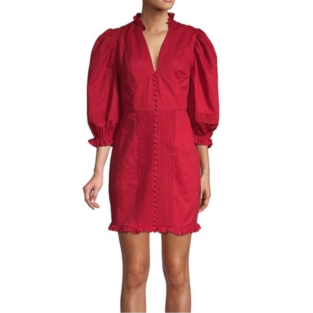 Haute Rogue red linen/cotton mini dress w puffed sleeves